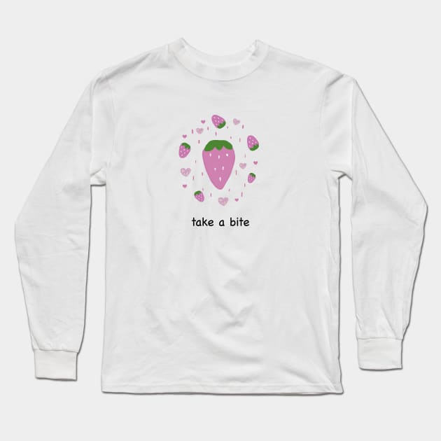 Cute strawberry and hearts with take a bite text Long Sleeve T-Shirt by GULSENGUNEL